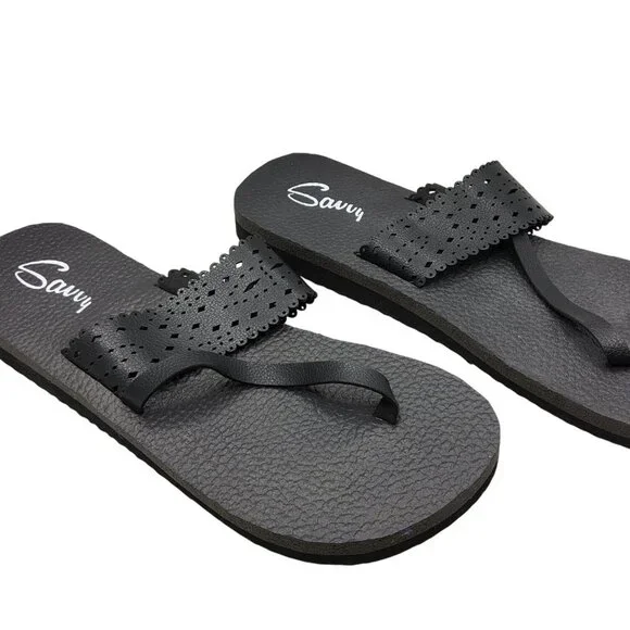 Womens Savvy Reed Flat Slip On Black Thong Sandals - Picture 1 of 6